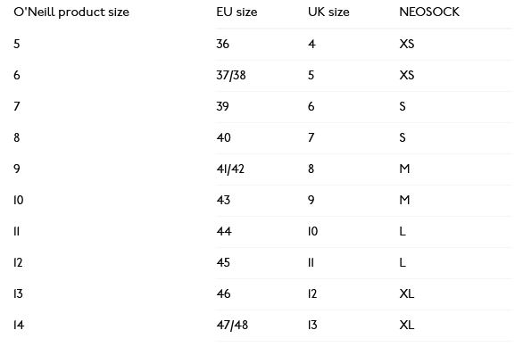 O Neill Wetsuit Boot 0 Size Chart